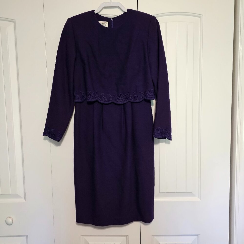 Vintage Women's Talbots Petites Wool Embroidered Dress Dark Purple 6 Made in USA